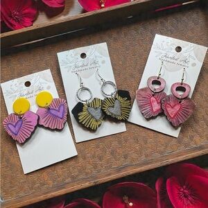Jeweled Art Hand-Painted Radiant Heart Burst Engraved Wood Earrings